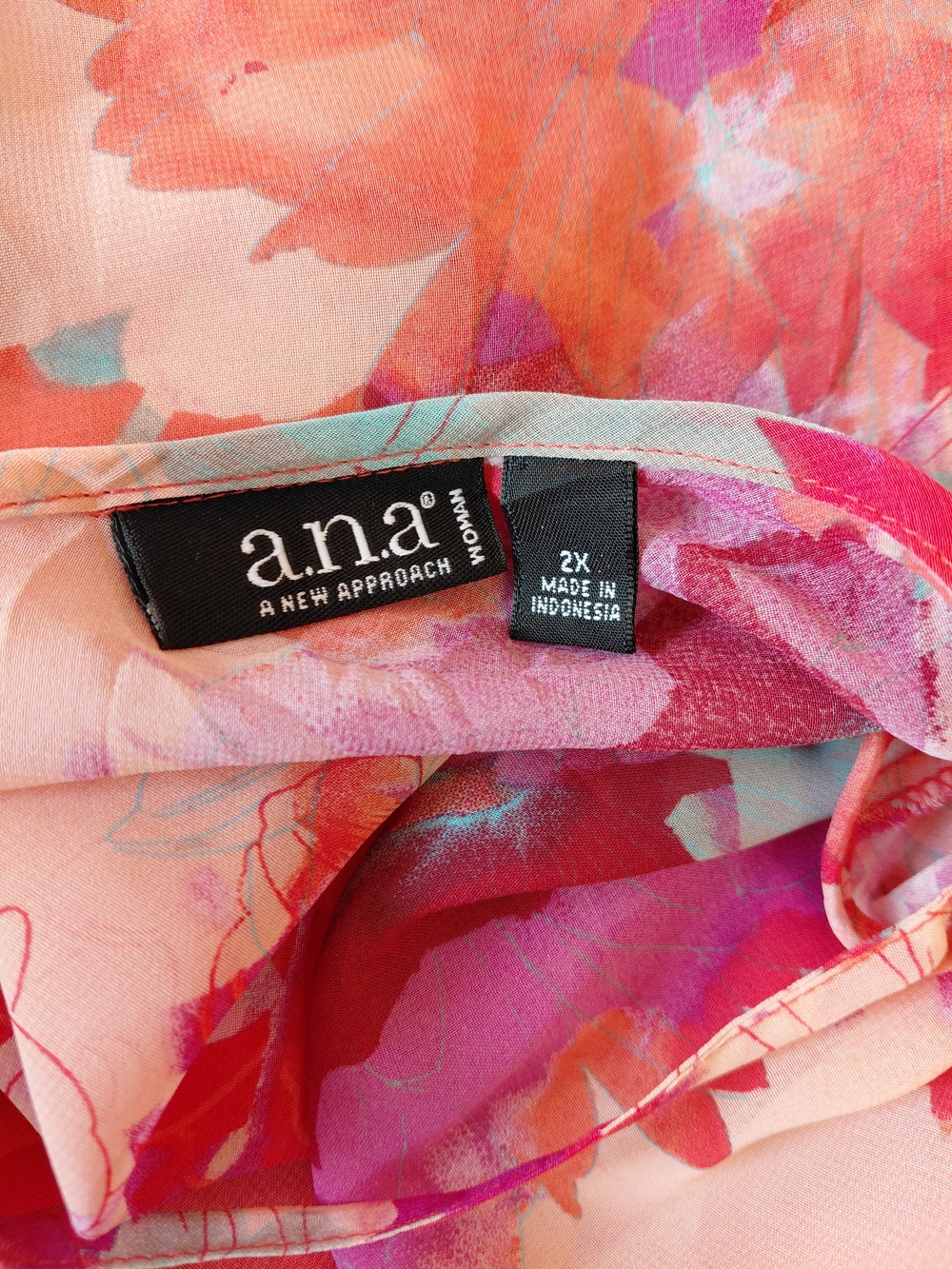 a.n.a Plus Size 2X Floral Tie-Waist Sheer Blouse in Pink and Coral Kimono Sleev - Picture 6 of 8
